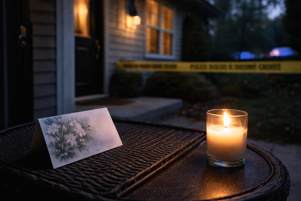 Residential home at dusk with police tape in the distance, a folded obituary card and a candle on a porch table, symbolizing a tragic domestic incident and ongoing investigation.
