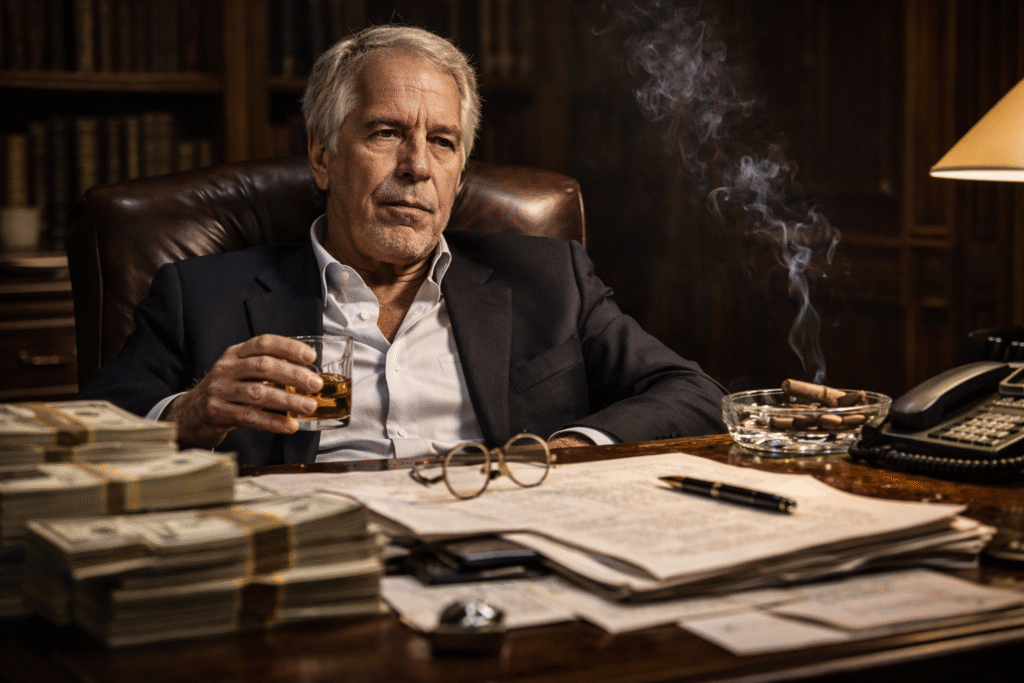 Man seated at a wooden desk in a dim office with stacks of cash, scattered documents, a fountain pen, glasses, and a glass of whiskey under warm lamp light, suggesting themes of secrecy and corruption.