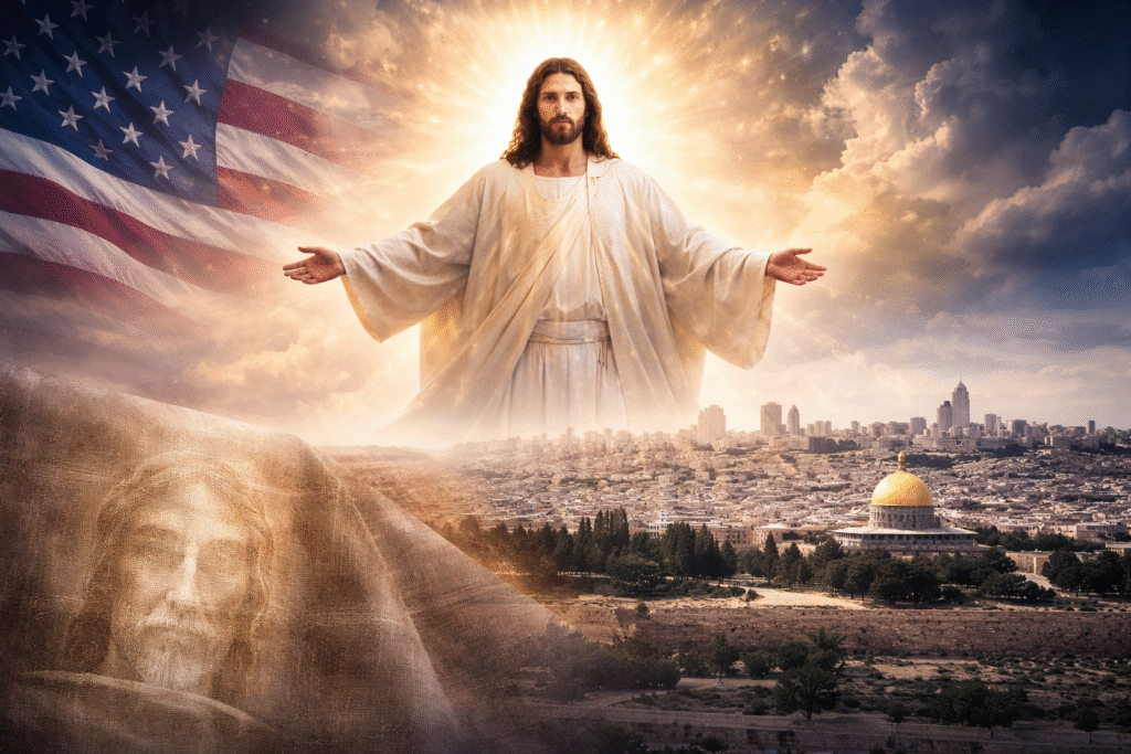 A symbolic composite image showing Jesus Christ with outstretched arms above Jerusalem, with the Shroud of Turin faintly visible in the foreground and an American flag blended into the sky behind him.