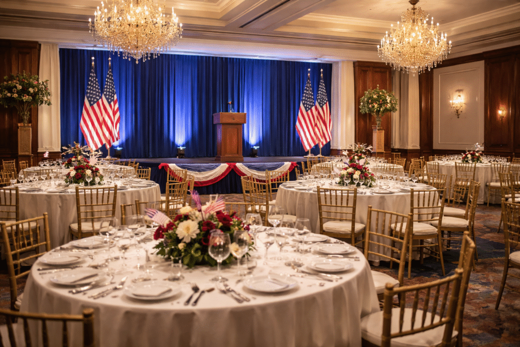 Interior of a banquet hall arranged with round tables and a podium prepared for a political fundraising event featuring Jimmy Kimmel.