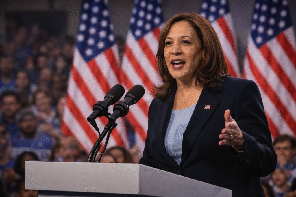 Kamala Harris speaking at a campaign-style event with American flags in the background, representing her leading position in early Democratic primary polling.