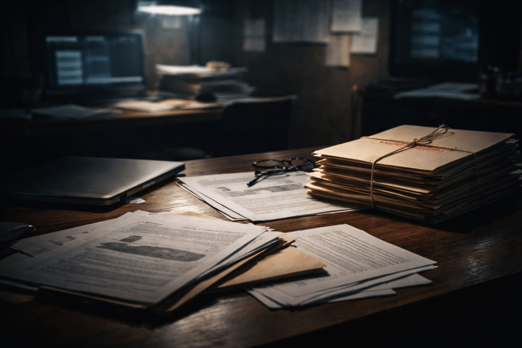 Dimly lit desk with stacks of sealed folders, scattered documents, a closed laptop, and reading glasses, symbolizing investigative journalism, censorship scrutiny, and confidential files.