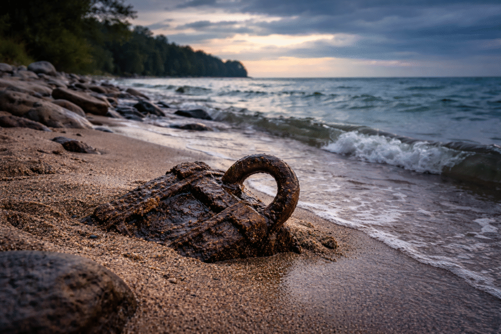 Rocky shoreline of Lake Michigan with waves washing over partially exposed historic debris, symbolizing a newly revealed 19th-century discovery.