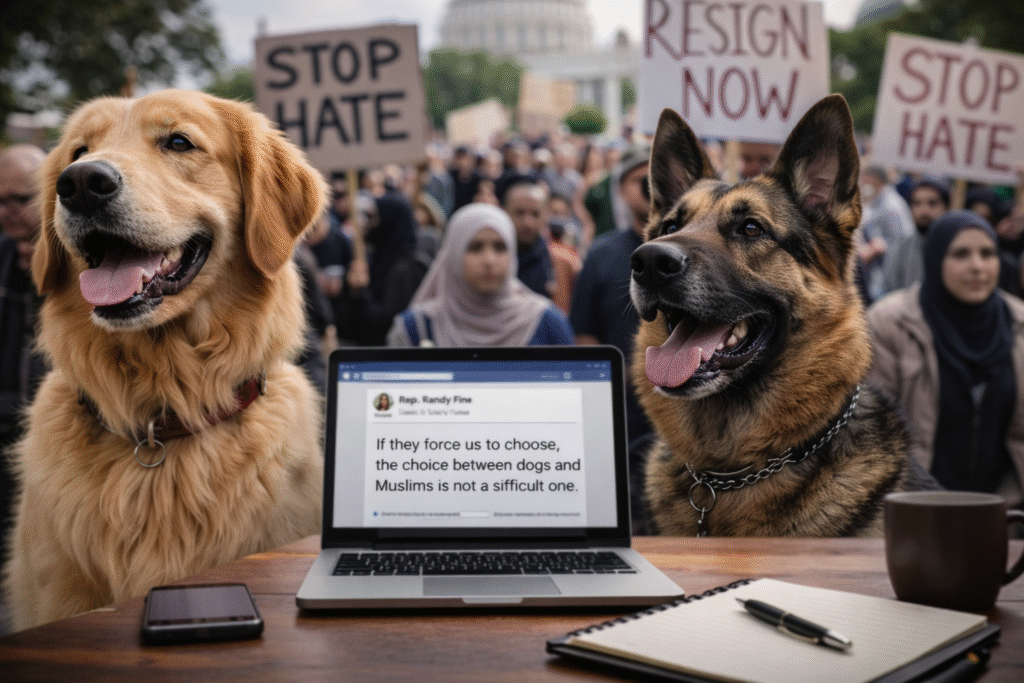 Two dogs sitting in front of an open laptop displaying a social media post, with a blurred crowd of protesters holding signs in the background near the U.S. Capitol.