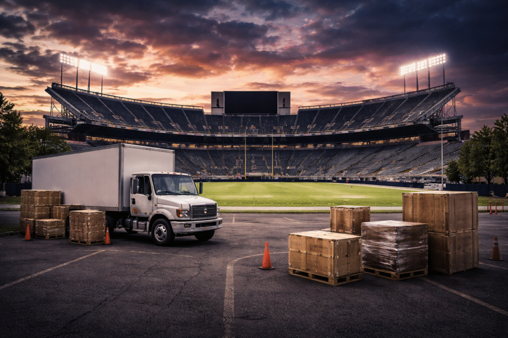 Empty professional football stadium at dusk with no team branding, moving trucks and crates in the parking lot, symbolizing a potential NFL franchise relocation.