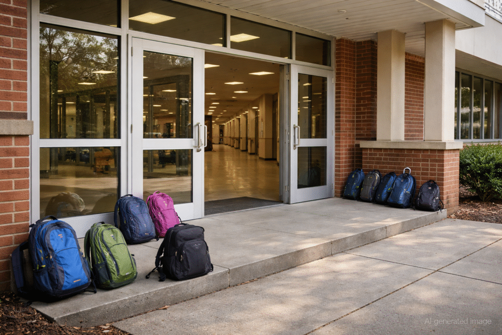 Exterior of a school building with backpacks near the entrance under daylight, empty hallways visible through glass doors