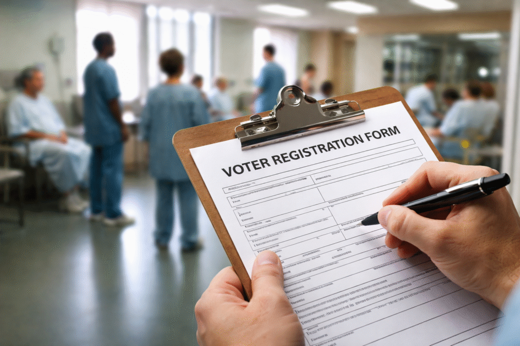 Hand holding a voter registration form on a clipboard in a hospital ward, with patients and medical staff visible out of focus in the background.