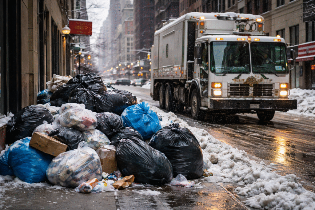 New York City snowy street with piles of trash bags awaiting pickup beside city buildings.