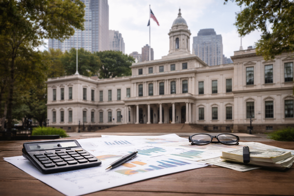 Exterior of New York City Hall building with fiscal papers and budget documents symbolizing NYC’s budget debate over tax increases.
