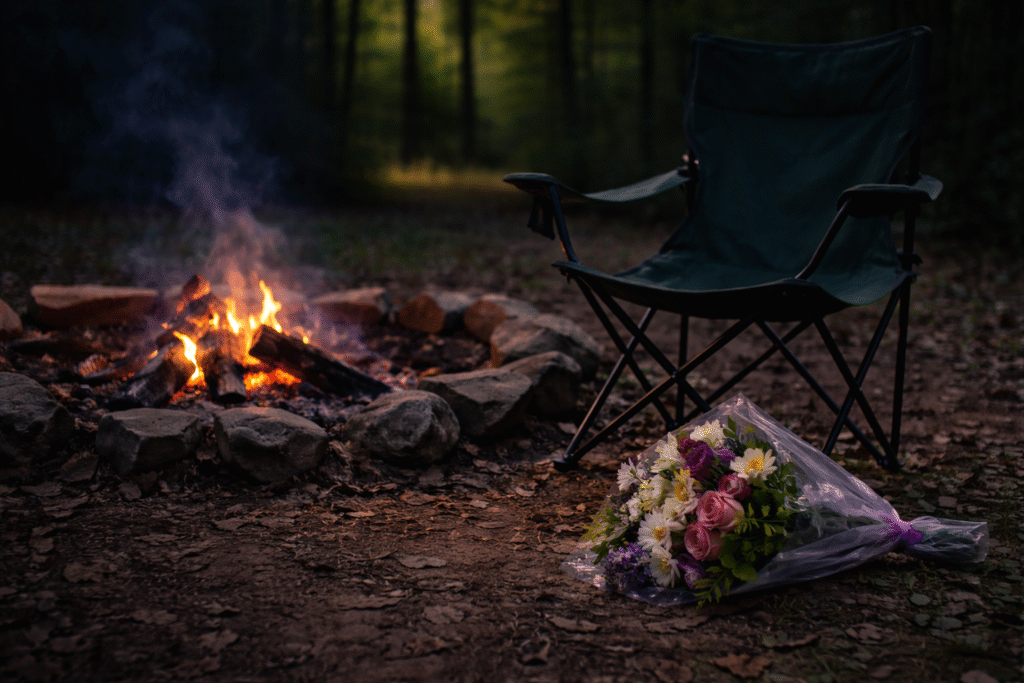 Empty lawn chair beside a bouquet of flowers at the edge of a wooded bonfire site, under soft evening light, symbolizing loss and remembrance.