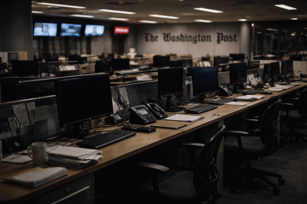 Empty newspaper newsroom with unoccupied desks and computers, reflecting the mass layoffs at the Washington Post.