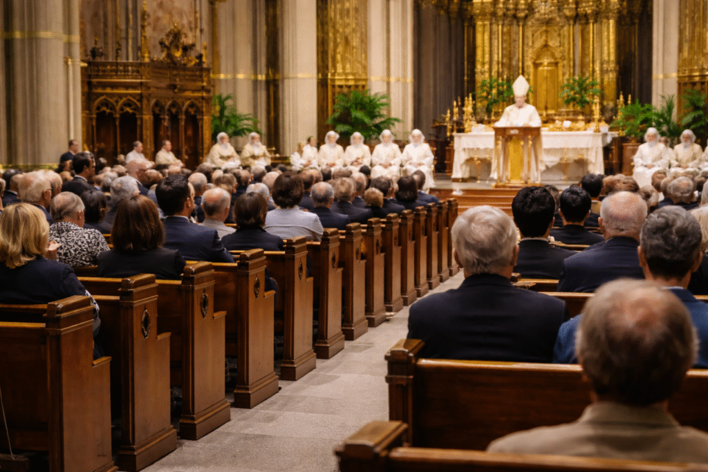 Interior of a cathedral during a formal installation service with empty seats highlighted, reflecting the absence of Mayor Sam Mamdani at the event.