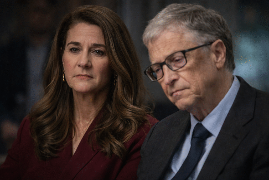 Portrait of Melinda French Gates and Bill Gates seated side by side with serious expressions, in a softly lit indoor setting suggesting a formal interview or public discussion.