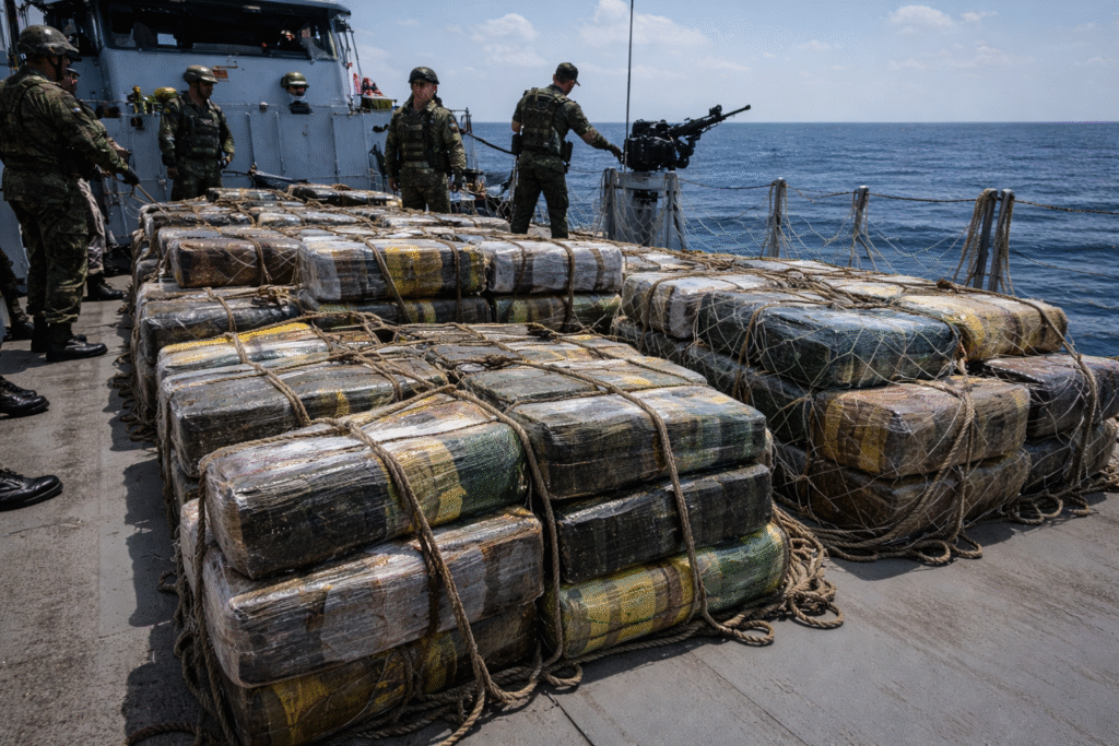 Bundles of seized cocaine stacked on the deck of a naval patrol vessel at sea during a major anti-drug operation involving Mexican and Salvadoran forces.