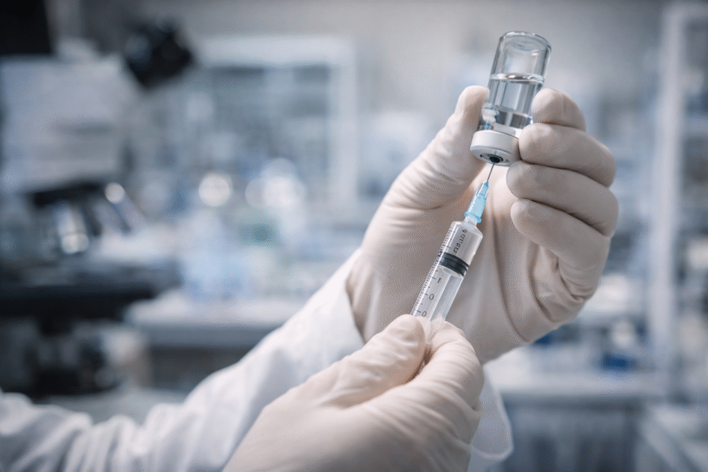 Medical researcher holding a vaccine vial and syringe in a laboratory symbolizing flu vaccine development and regulatory review.