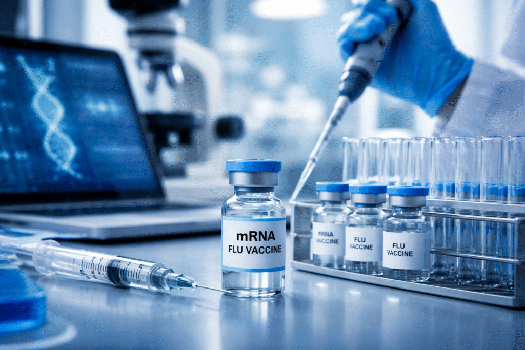 Laboratory setting with vaccine vials and scientific equipment representing mRNA flu vaccine research and regulatory review.