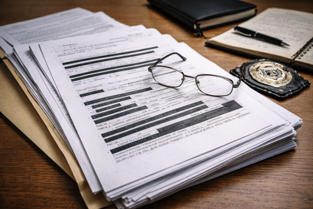 Stack of redacted legal court documents with a pair of reading glasses and a police badge in soft focus, representing newly released records about a 2006 Trump call regarding Jeffrey Epstein.
