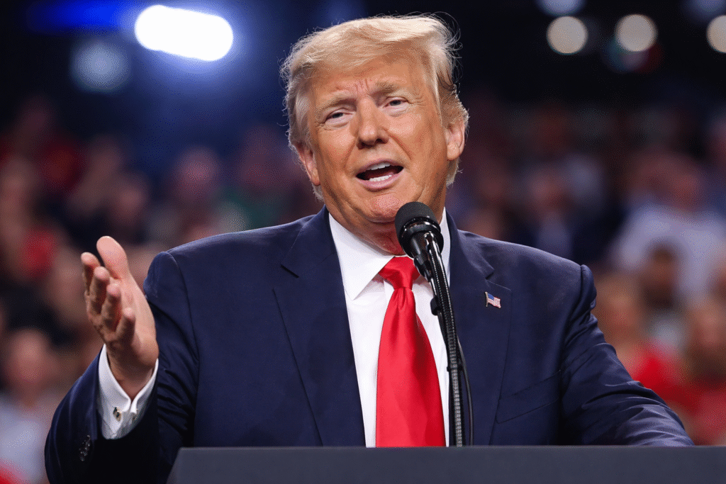 Donald Trump speaking at a podium during a televised event with studio lighting and blurred audience in the background.