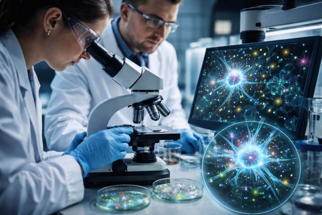 Scientists observe nanoplastic particles under a microscope in a laboratory setting, symbolizing research into their impact on brain cells and hormone disruption.