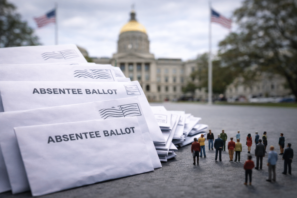 Large stacks of absentee ballot envelopes in the foreground with small groups of people standing nearby, and the Georgia State Capitol blurred in the background.