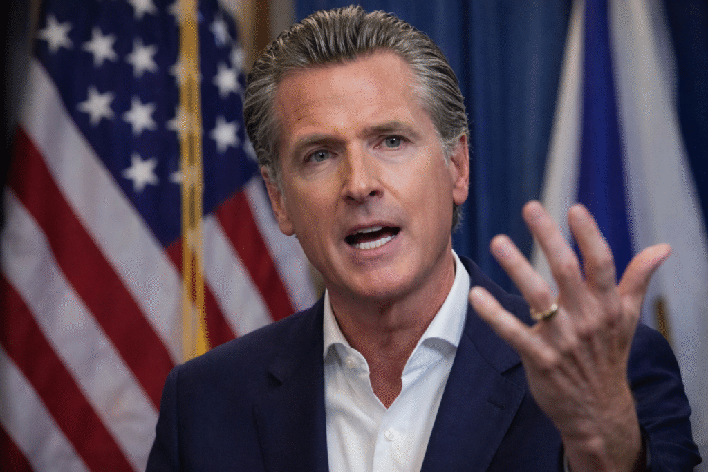 Gavin Newsom speaking during a press event, gesturing with his hand, with an American flag in the background.