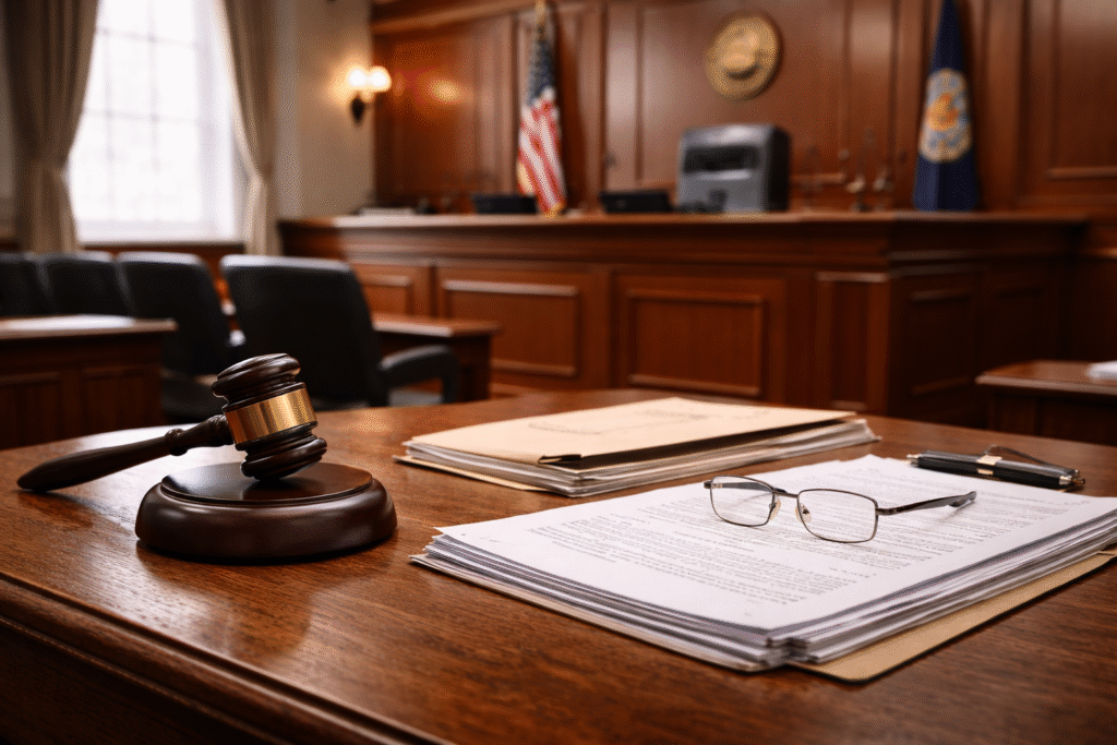 Empty courtroom interior showing a judge’s bench with a gavel and legal documents on the table, representing judicial sentencing and court decisions.