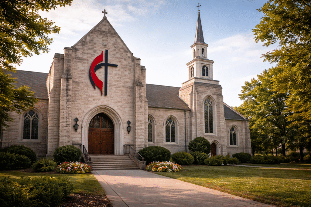 Exterior of a United Methodist Church building with a walkway toward the entrance, symbolic of church accountability.