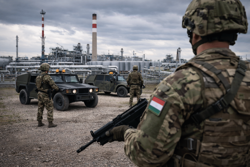 Hungarian soldiers patrol near a major energy facility with military vehicles to secure infrastructure amid national security concerns and accusations against Ukraine.