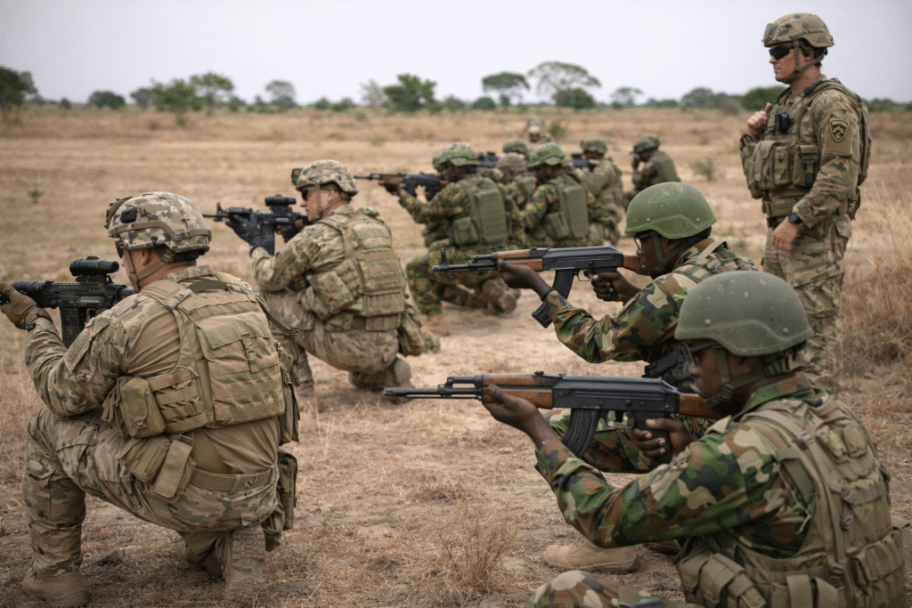 U.S. and Nigerian soldiers in uniform participating in a military training exercise in an open field, illustrating the U.S. deployment to help train Nigeria’s forces.