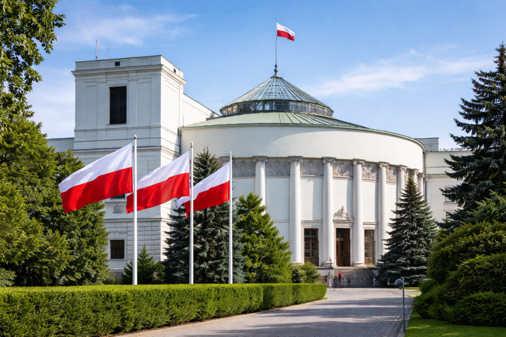 Exterior of the Polish Parliament building with Polish flags, representing Poland’s government preparing a historic legal claim against Russia.