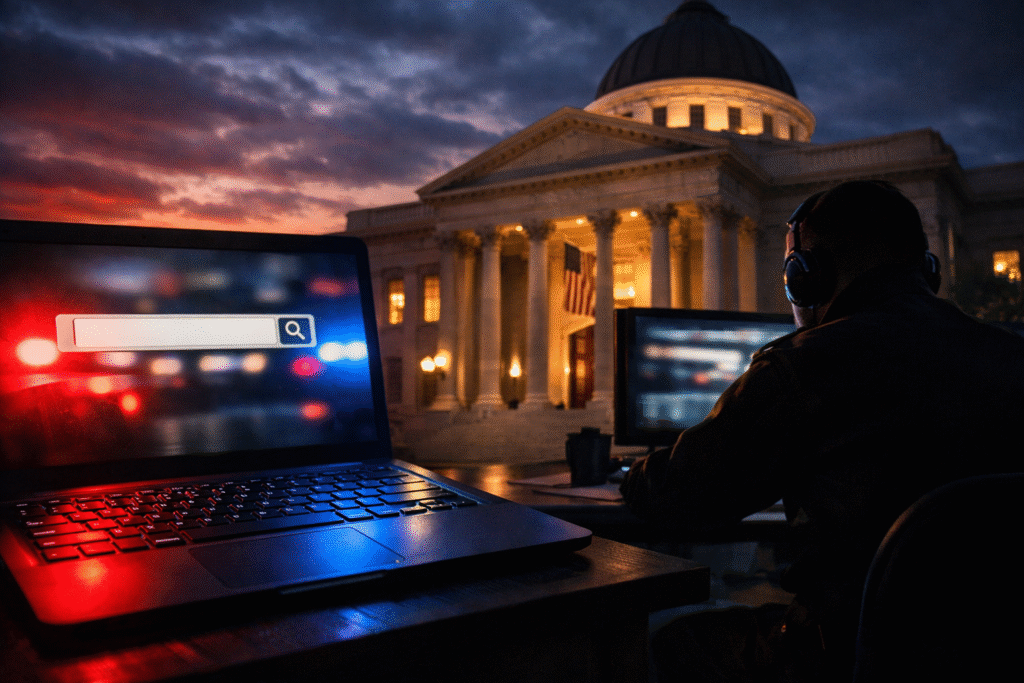 Police lights reflecting on a laptop keyboard with a courthouse in the background, symbolizing law enforcement use of online search data and privacy concerns.