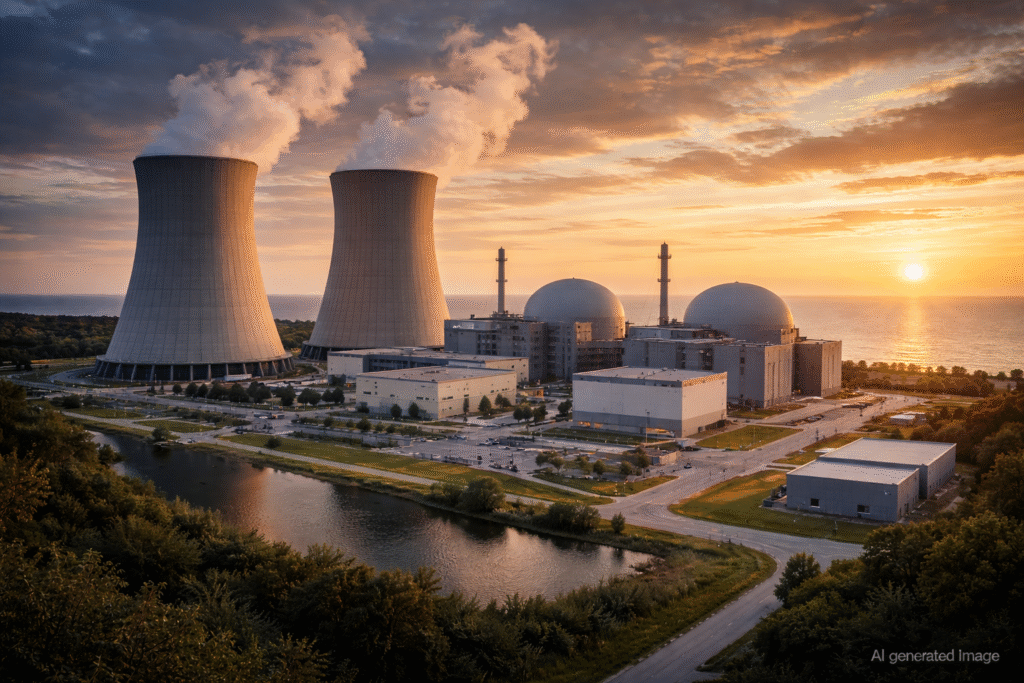 Exterior of a modern nuclear power plant at sunset with cooling towers and infrastructure in a coastal landscape