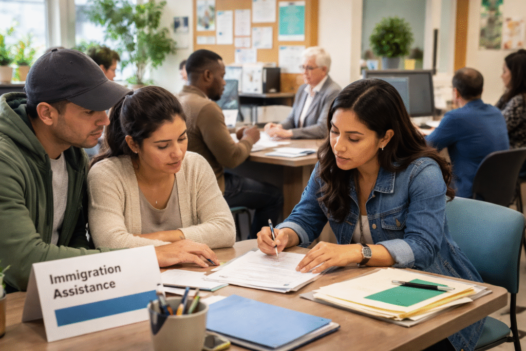 Volunteers at a community nonprofit office assisting individuals with paperwork and support services in a calm indoor setting