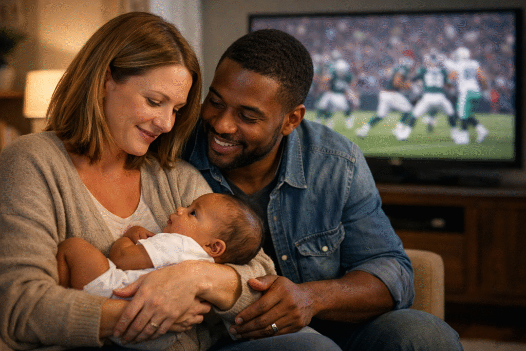 A diverse family with a baby in a cozy living room with a blurred television showing a football game, representing discussion of a Super Bowl adoption commercial.