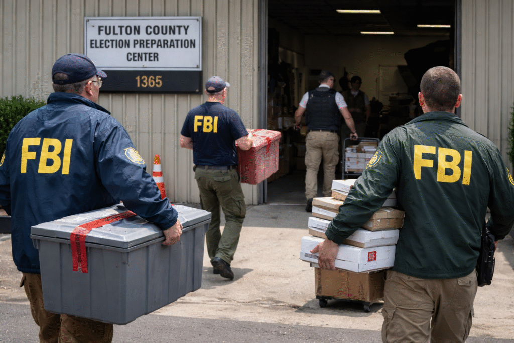 FBI agents carrying sealed ballot boxes and election records into the Fulton County election office in Union City, Georgia during the 2026 search tied to claims about the 2020 presidential election.