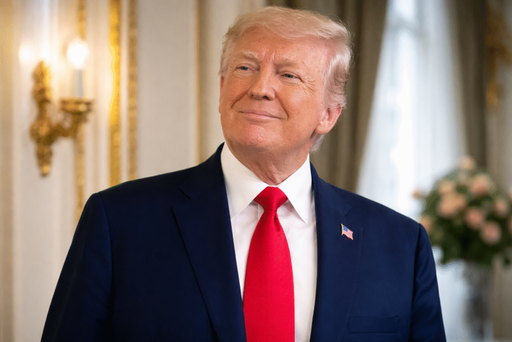 Portrait of President Donald Trump wearing a navy suit and red tie, standing indoors against an elegant, softly lit background.