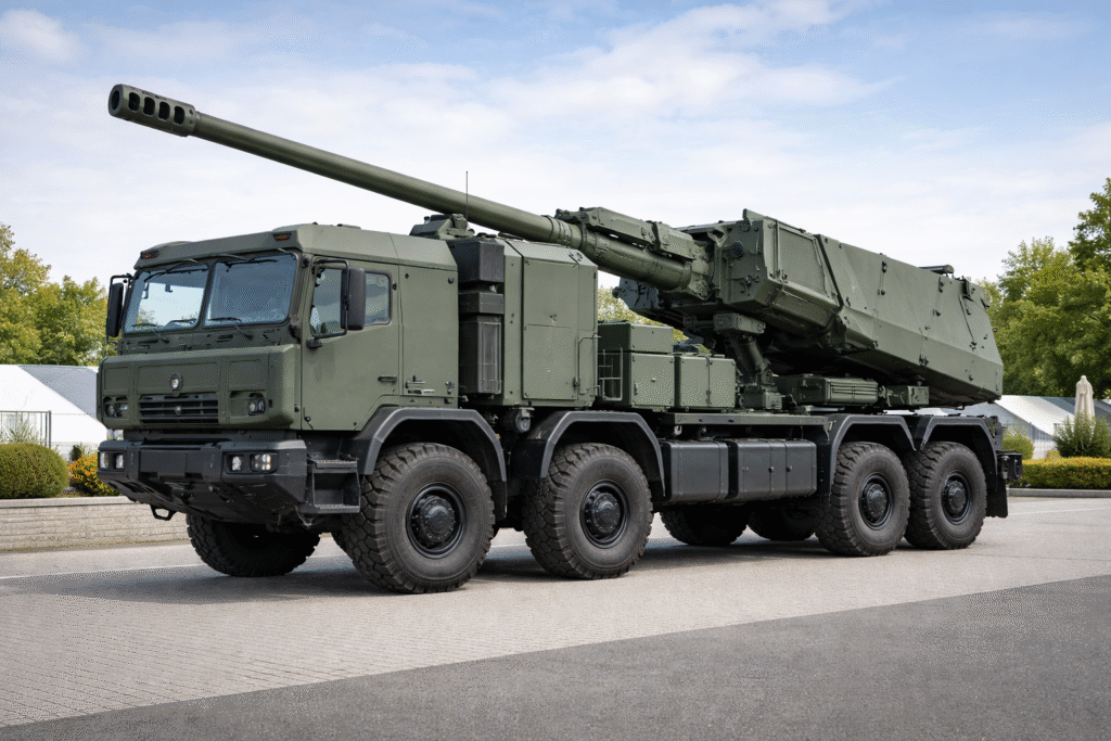 Archer 155 mm self-propelled howitzer mounted on an 8×8 military truck chassis under clear daylight at a display area.