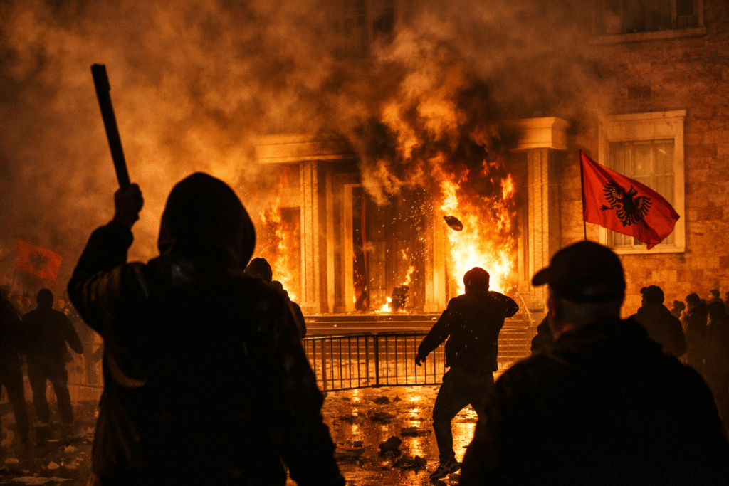 Protesters gathered outside a government building at night as flames engulf the entrance, with smoke rising and an Albanian flag visible during violent unrest.