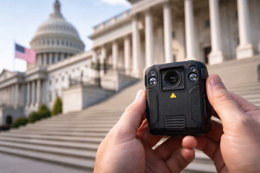 Hands holding a law-enforcement body camera with the U.S. Capitol building in the background, representing debate over ICE body cameras in Congress.