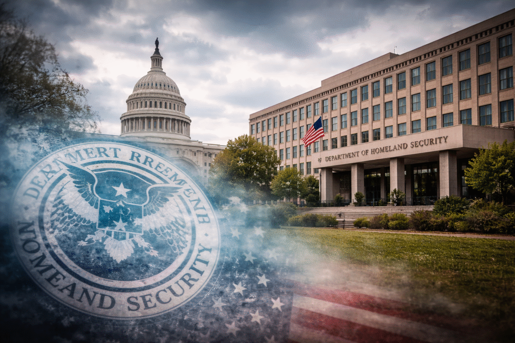 View of the Department of Homeland Security headquarters near Capitol Hill with a symbolic fading DHS seal representing calls for reform.