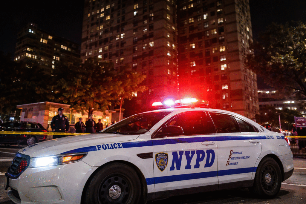 Photograph of an NYPD patrol car with flashing red and blue lights parked at night in front of a high-rise apartment building, with officers and police tape visible in the background.