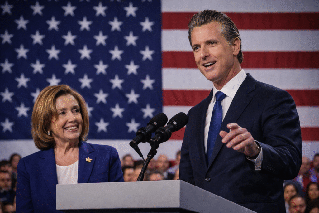 Gavin Newsom speaking at a political event with an American flag backdrop, symbolizing his potential rise in national Democratic politics.