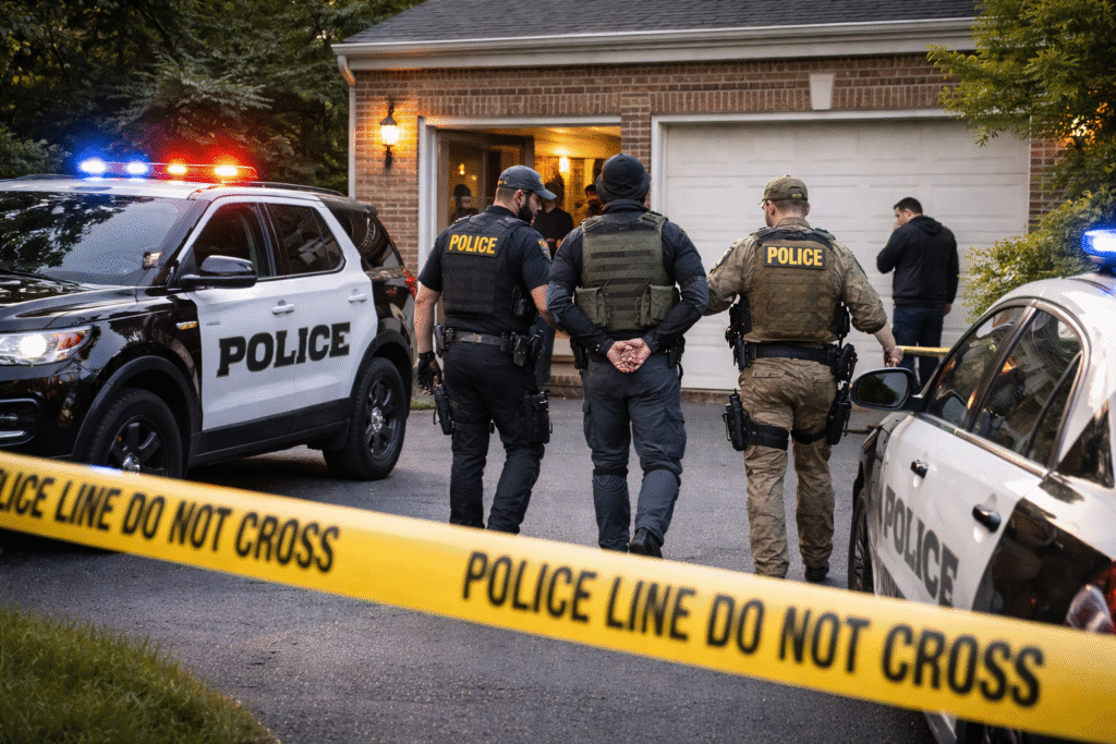 Police vehicles and officers in tactical gear outside a Virginia residence with crime scene tape, representing the arrest of a gang member.