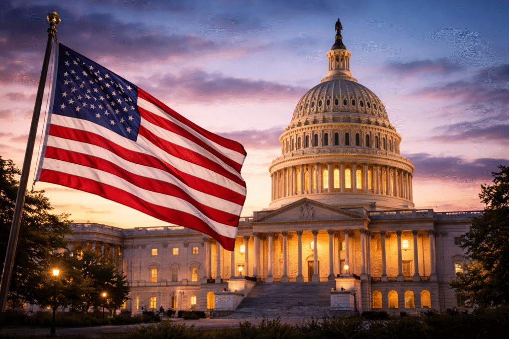 U.S. Capitol building at dusk with an American flag in the foreground, symbolizing Congress debating defense budget.