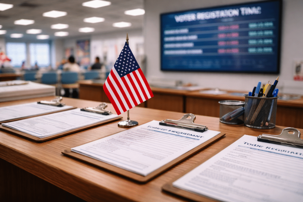 Interior of a voter registration office with registration forms and a small American flag on a desk, with a blurred digital board showing voter registration data in the background.