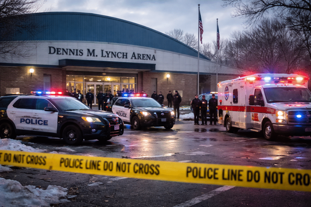 Police and ambulance vehicles with flashing lights outside the Lynch Arena in Pawtucket, Rhode Island, after a shooting at an ice rink.