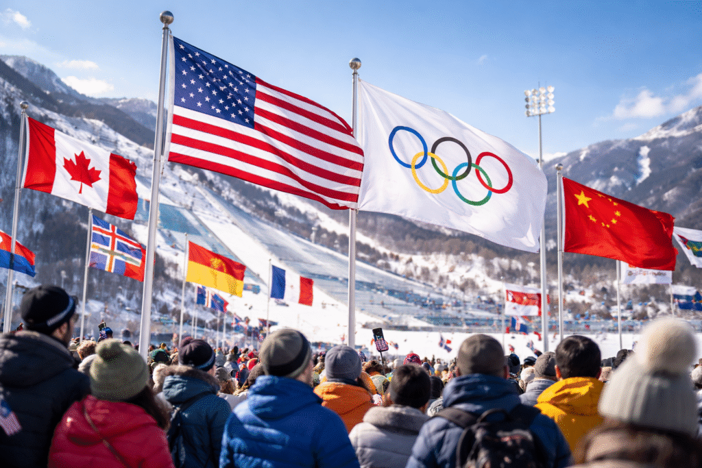 Colorful Olympic flags waving at a Winter Games venue with spectators in winter clothing under a clear sky, illustrating the international Olympic competition.