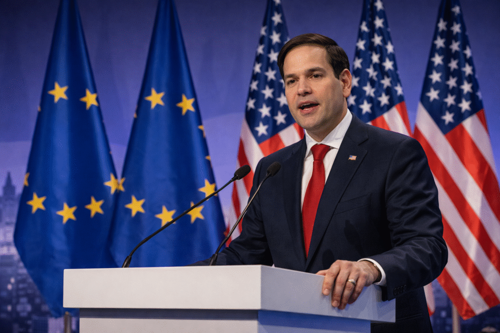 Secretary of State Marco Rubio speaking at an international diplomacy conference podium with European flags in the background, symbolizing diplomatic engagement.