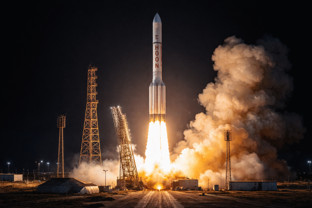 Proton-M heavy-lift rocket launching from the Baikonur Cosmodrome at night, with bright exhaust flames illuminating the launch pad and surrounding infrastructure.