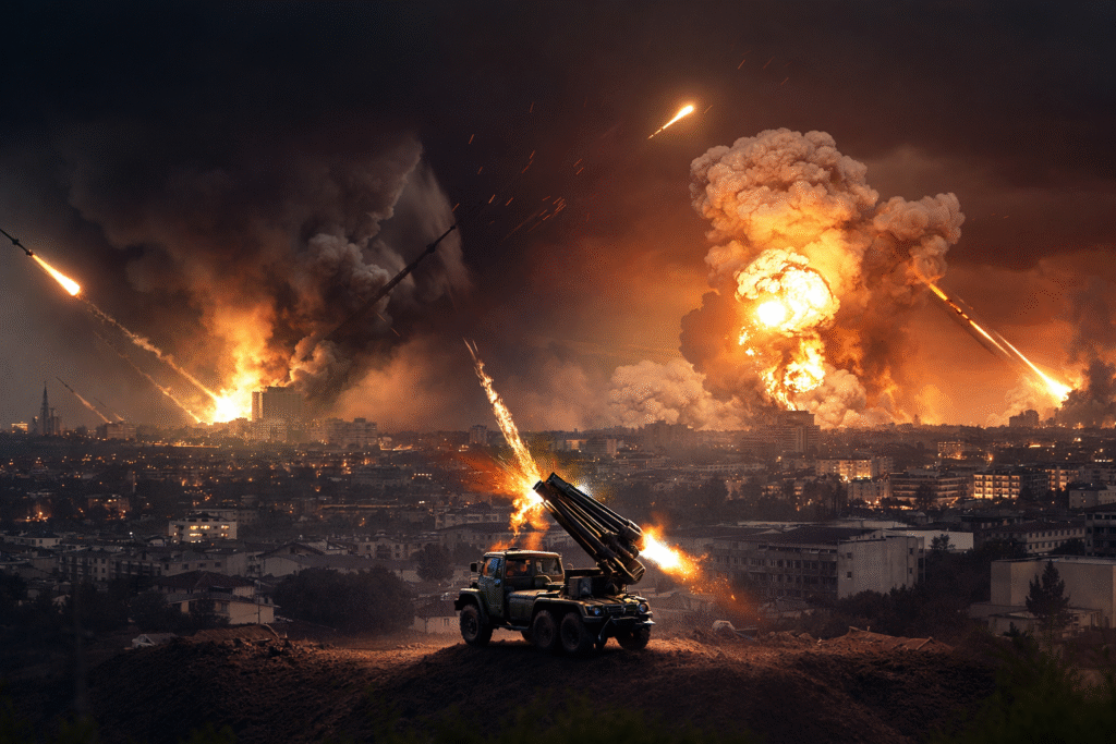 Nighttime view of a city skyline illuminated by distant explosions and missile launches, symbolizing large-scale military strikes during an active conflict.